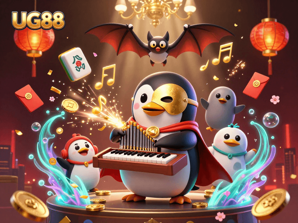 Experience the excitement of UG88 with a vibrant casino scene featuring a cartoon penguin and golden musical notes.