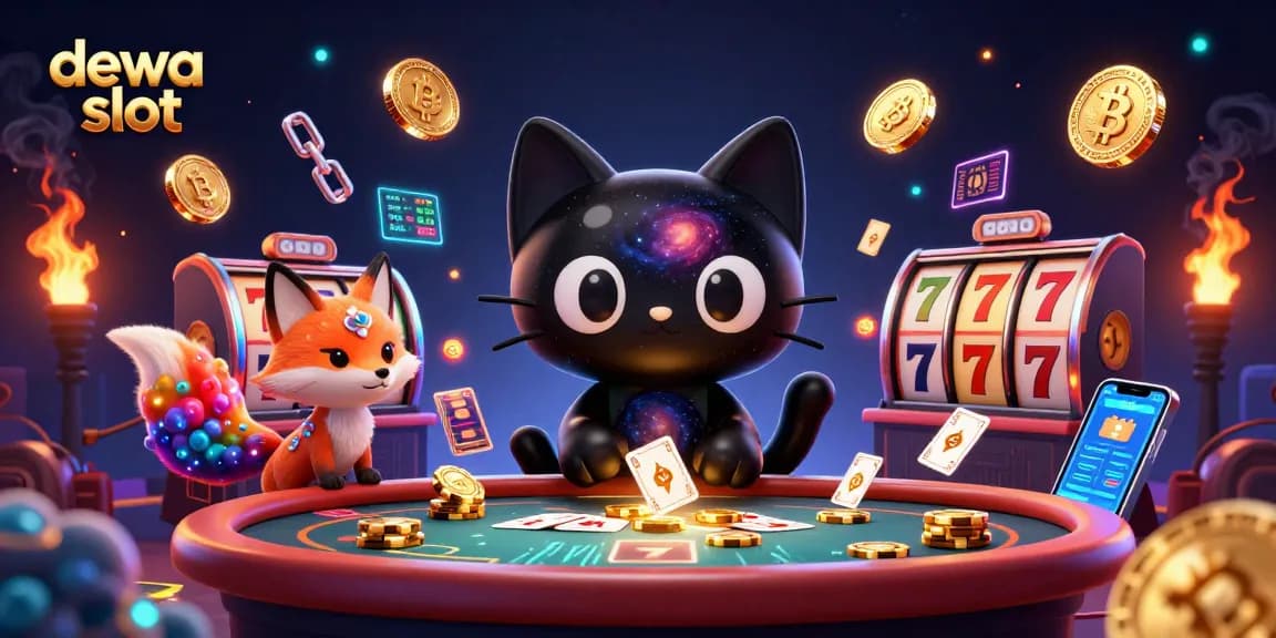 Engage with dewa slot games as a cartoon black hole cat and nebula fox attract riches at a cosmic casino.