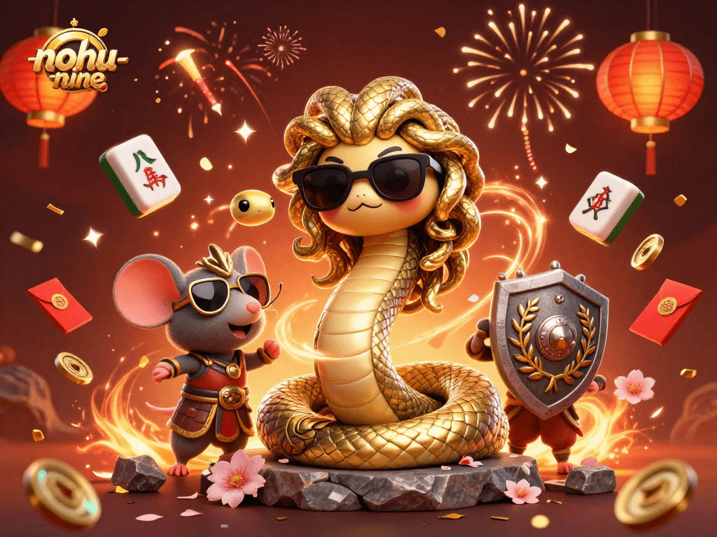 Nohu-nine game illustration showcasing dynamic Medusa, a warrior mouse, and festive elements in a casino setting.