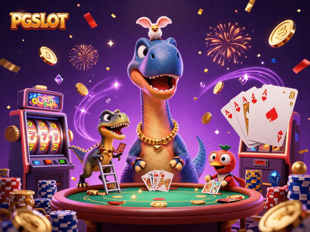 Experience the excitement of PGSLOT as a cartoon brontosaurus and clever raptor deal winning hands amid cascading coins and slot reels.