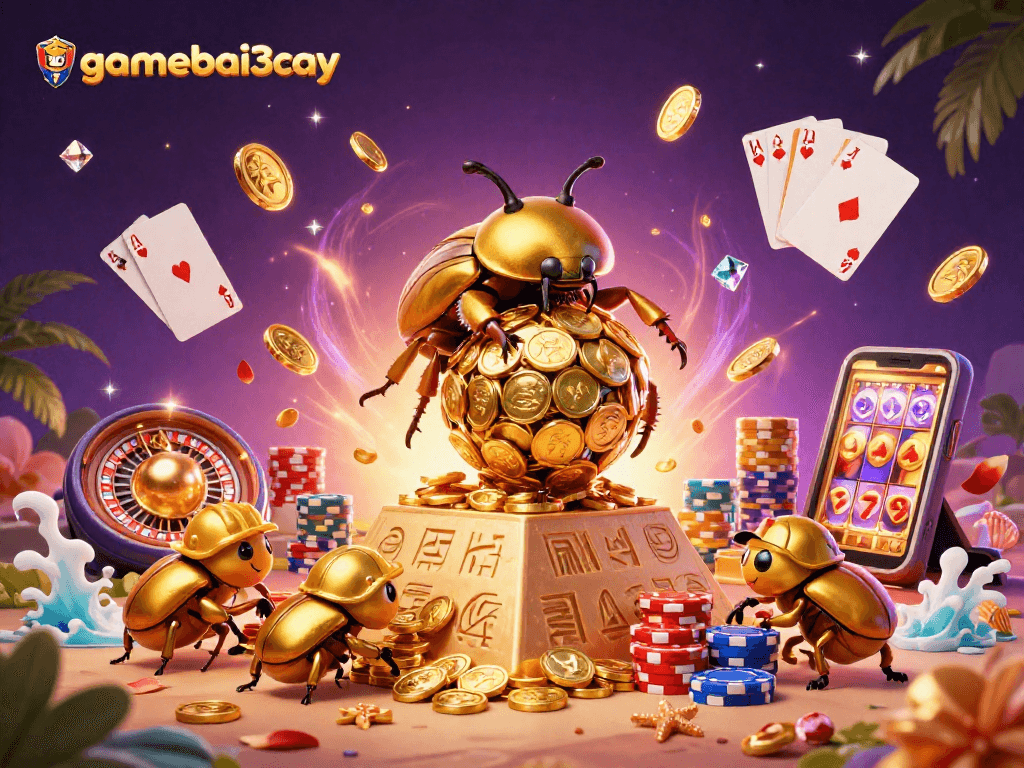Play casino games at gamebai3cay, featuring rich visuals of beetles and golden coins.