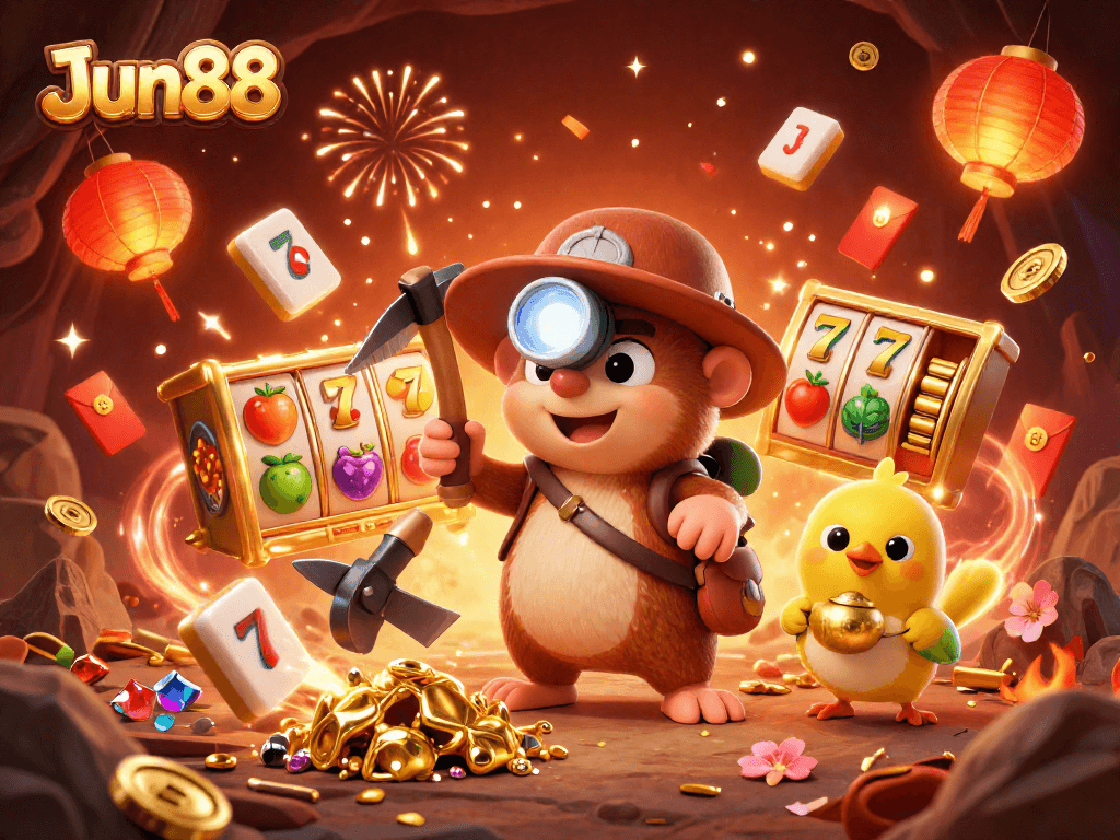Experience the thrill of Jun88 with a treasure hunter mole and dazzling slot symbols in a vibrant celebration.