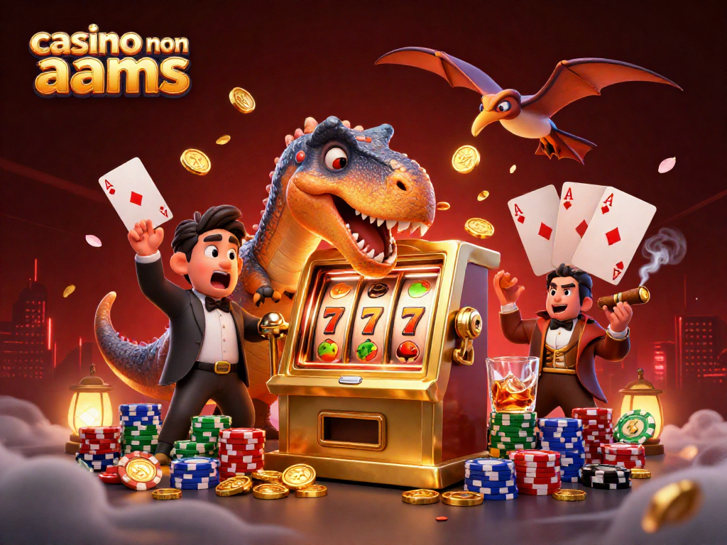 Illustrazione 3D di un pachicefalosauro che testa una slot machine d’oro, simbolo di casino non AAMS