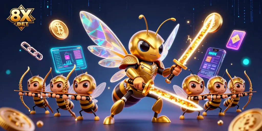 Join the excitement of 8X BET with a cartoon samurai hornet in a rich casino-themed digital scene.