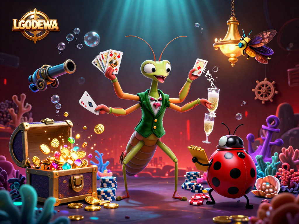 Engage with LGODEWA's animated casino scene featuring a mantis card sharp and ladybug pit boss.