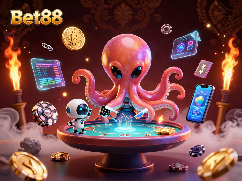 Engage with Bet88's immersive casino experience featuring alien characters at a holographic poker table.