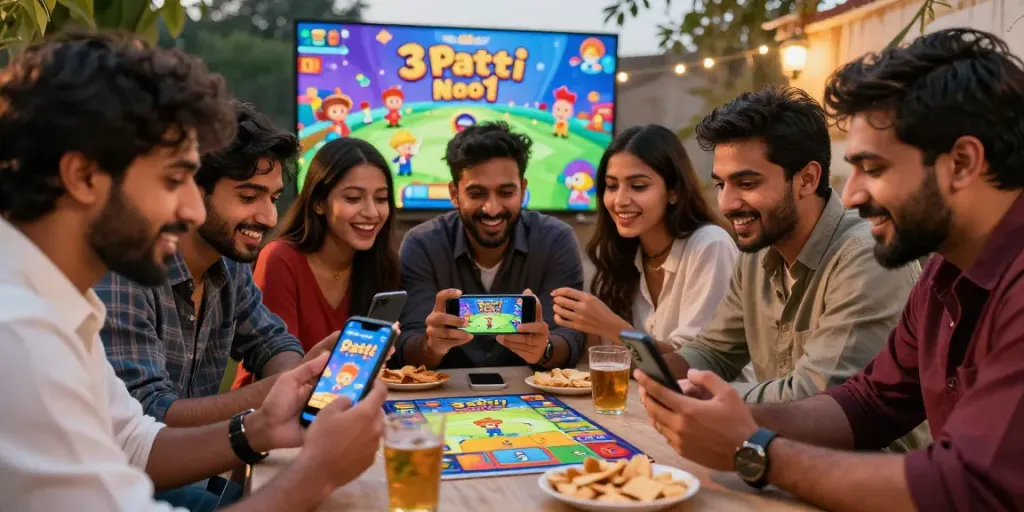 Engaged players enjoying 3 Patti No1 on a smartphone outdoors, showcasing lively gaming atmosphere.