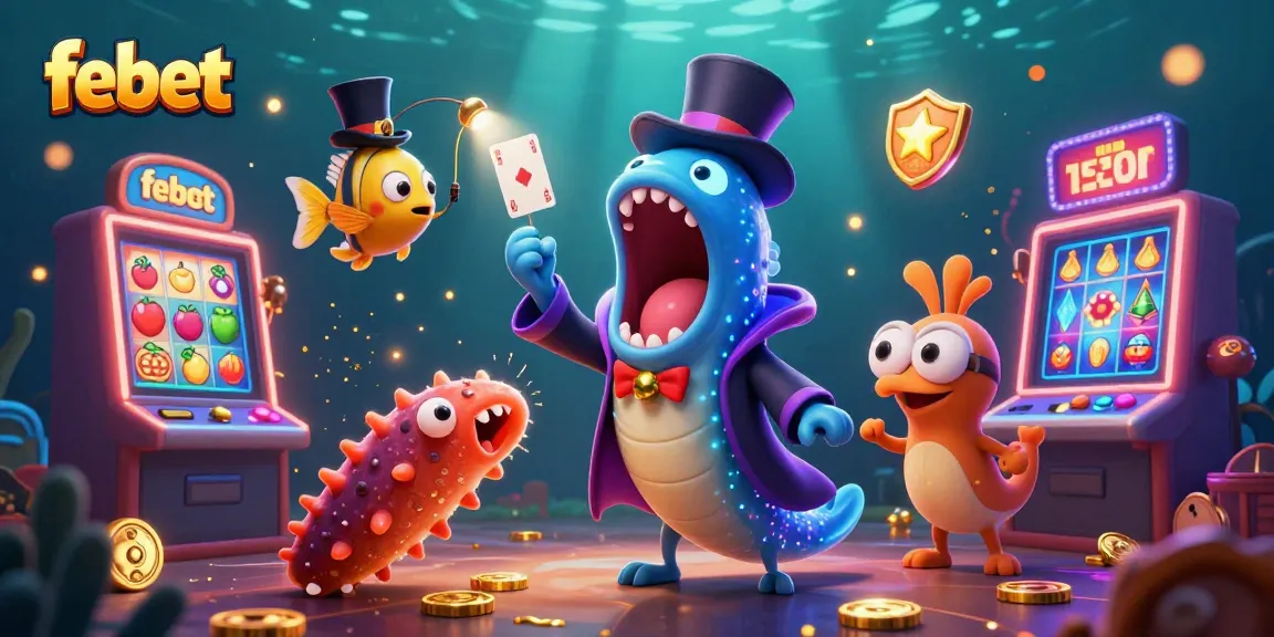 Join the magic at febet with a bioluminescent eel performing card tricks amid glowing slot machines.