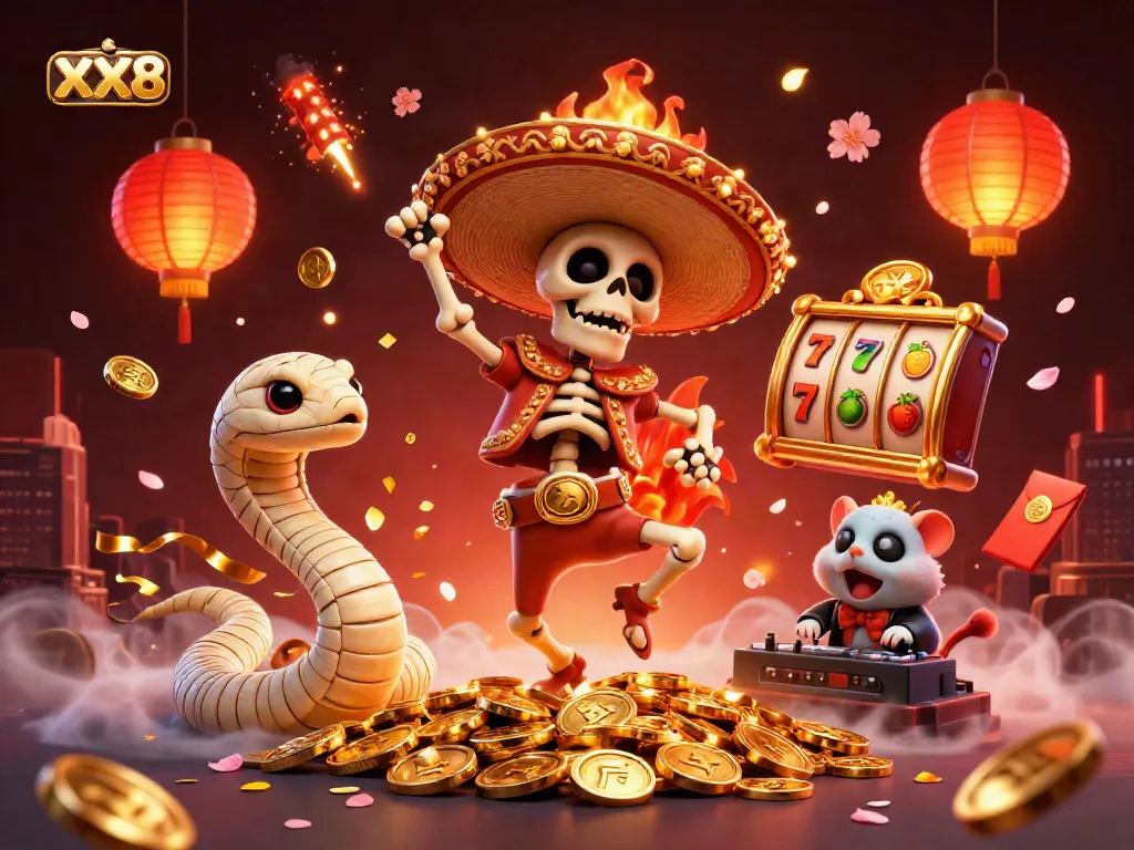 Engaging XX8 casino scene with colorful characters celebrating amidst slot games and festive decorations.
