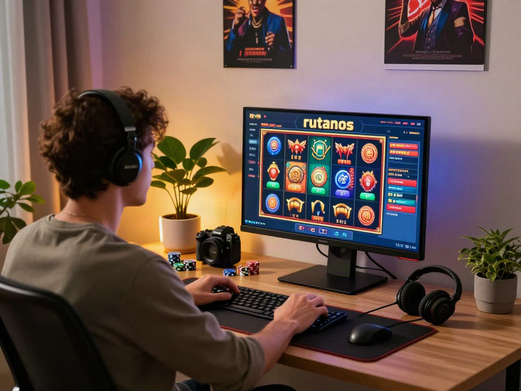Engaged player focused on rutanslot gaming interface in a modern home office.