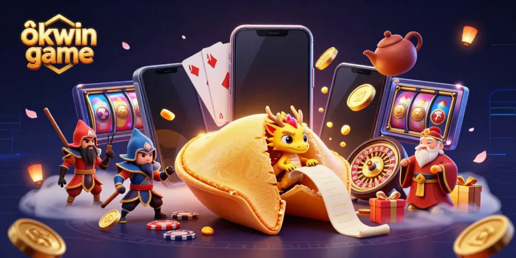 Experience the excitement of okwin game with vibrant illustrations of gaming elements and characters.
