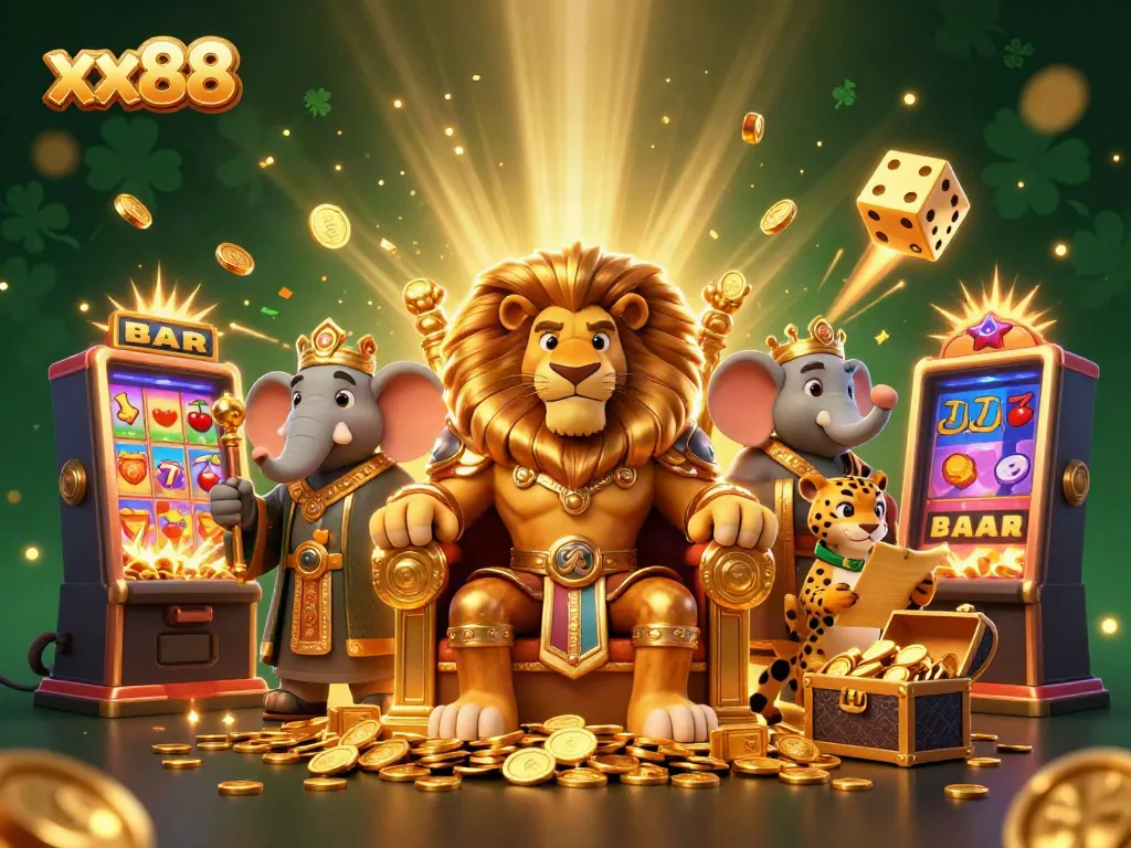 Win massive jackpots with xx88 at a vibrant cartoon casino scene featuring a lion king and slot machines.