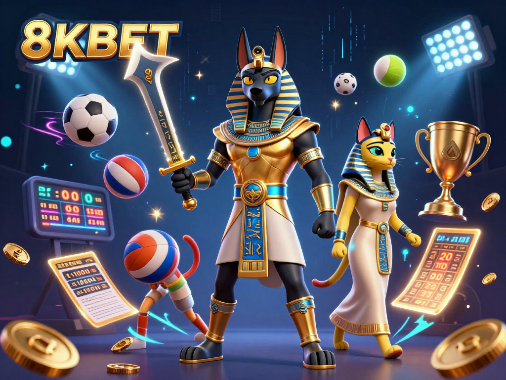 Engage in thrilling sports betting with 8KBET featuring Anubis and Bastet in a vibrant casino scene
