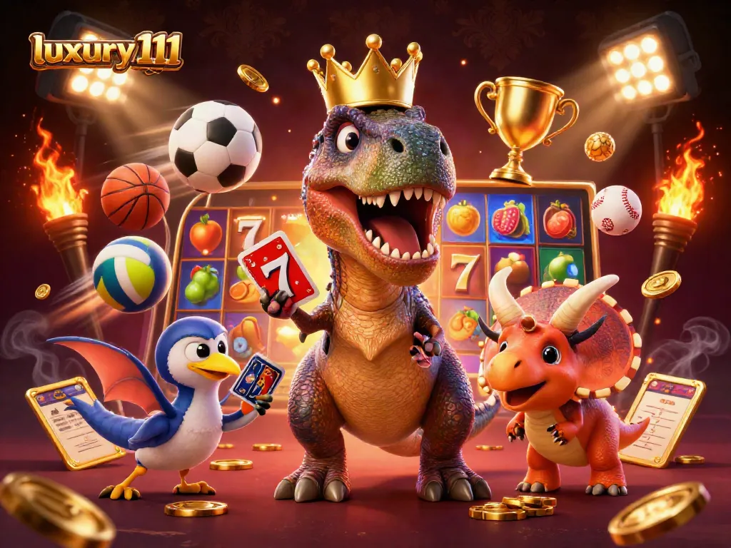 Engage with luxury111 slots featuring a T-Rex, pterodactyl, and triceratops in a dynamic casino scene.