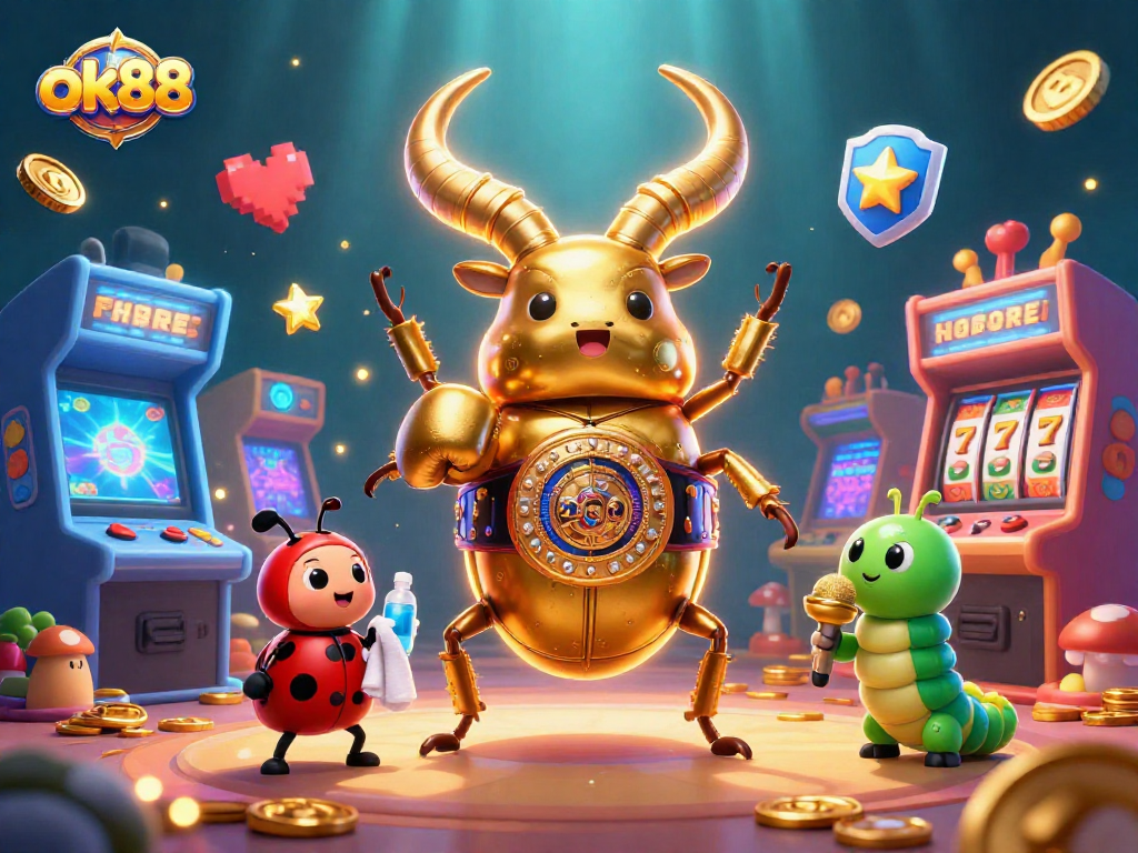 Experience thrilling casino action with ok88 as a giant golden stag beetle faces off in a 3D digital gaming world.