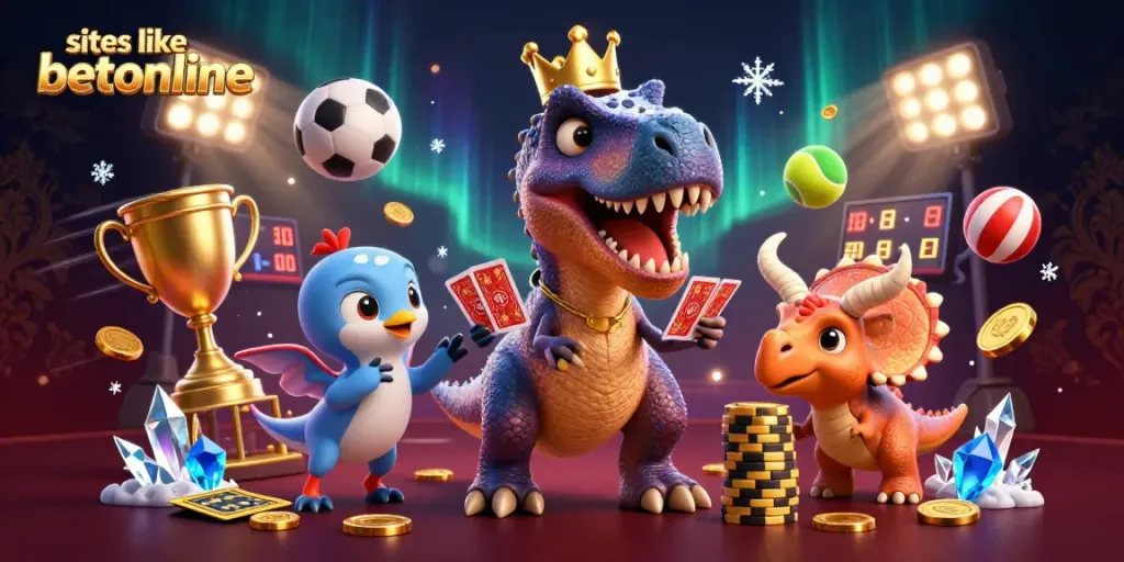 Engage in thrilling gameplay at sites like betonline with a dynamic casino scene featuring cartoon dinosaurs.
