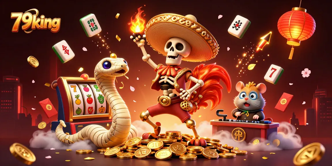 79king showcases a vibrant casino scene with a dancing mariachi rooster, magical elements, and glowing symbols.