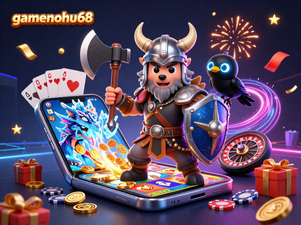 Play thrilling casino games with gamenohu68 featuring a Viking wolf, dragon, and raven in an engaging scene.