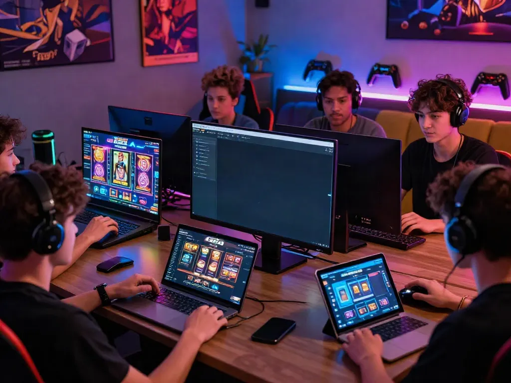 Engaged gamers exploring A80 platform on various devices in a vibrant gaming lounge.