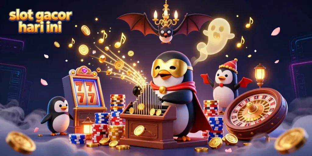 Slot gacor hari ini menampilkan penguin opera bermain organ sambil menghujani koin emas dan hiasan permainan kasino.