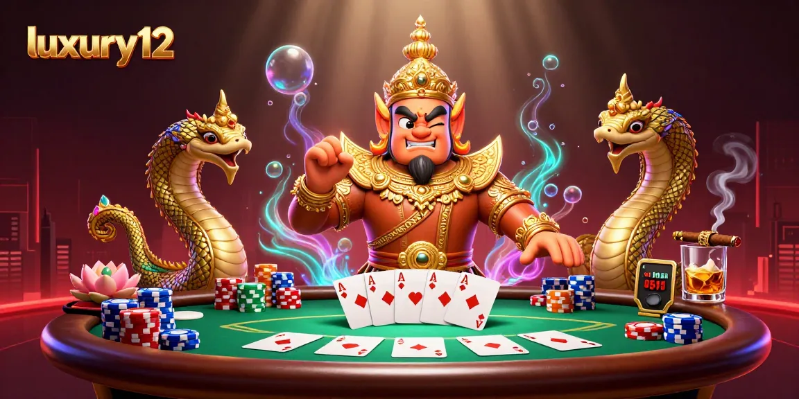 Permainan poker di luxury12 dengan penjaga kuil dan naga bersinar yang megah.