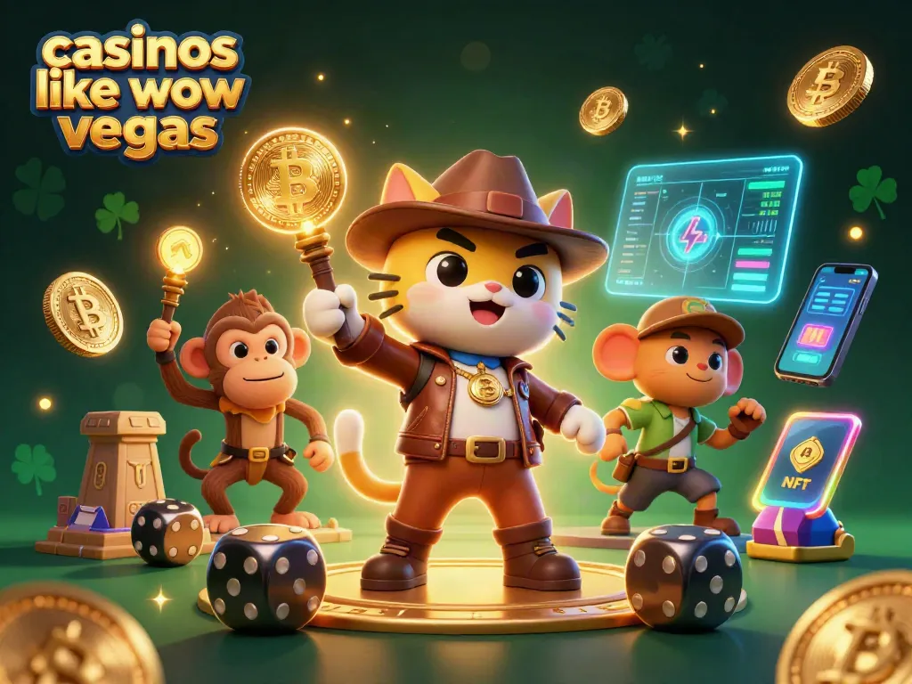 Play at casinos like wow vegas with this vibrant 3D illustration of an adventurous cat and monkey in a casino.