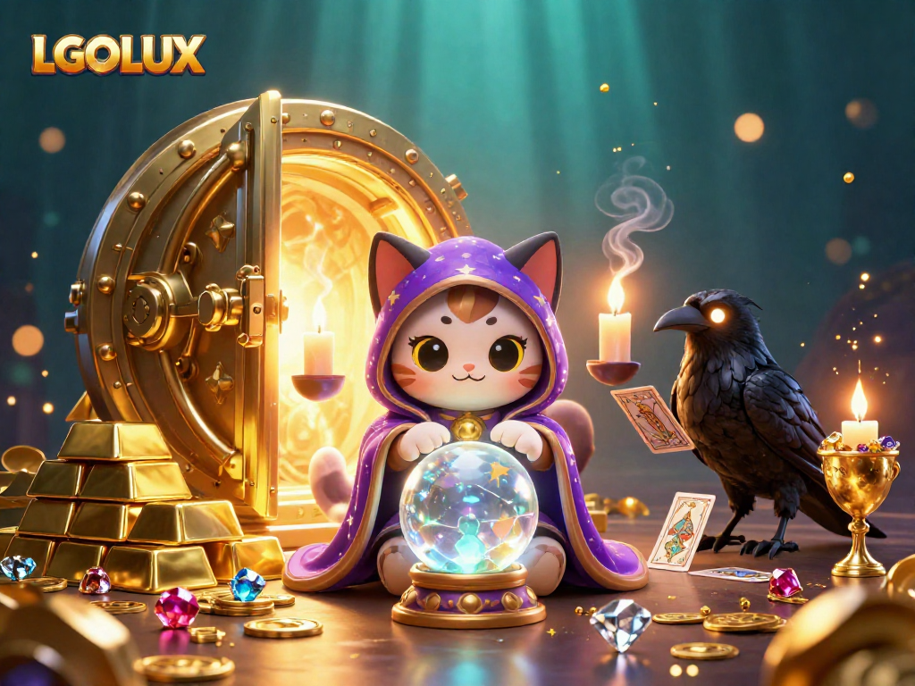 Experience LGOLUX's vibrant casino magic with our mystic cat and raven illustration.