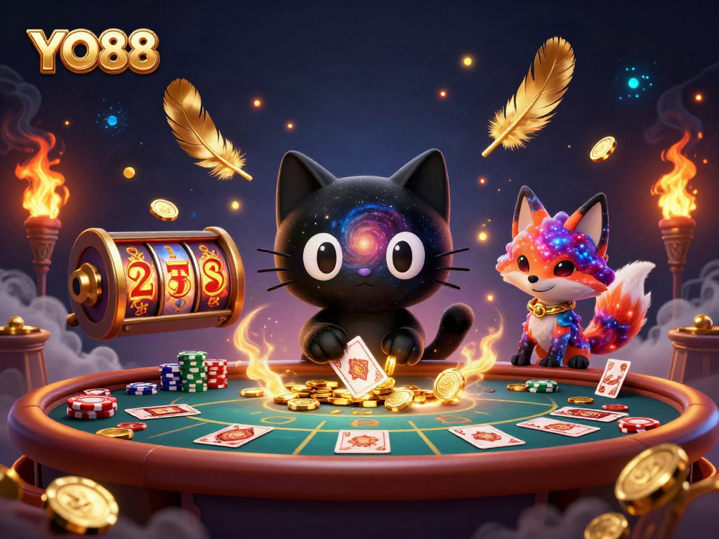 Engage with YO88's thrilling casino experience featuring a cosmic table, golden chips, and vibrant characters.