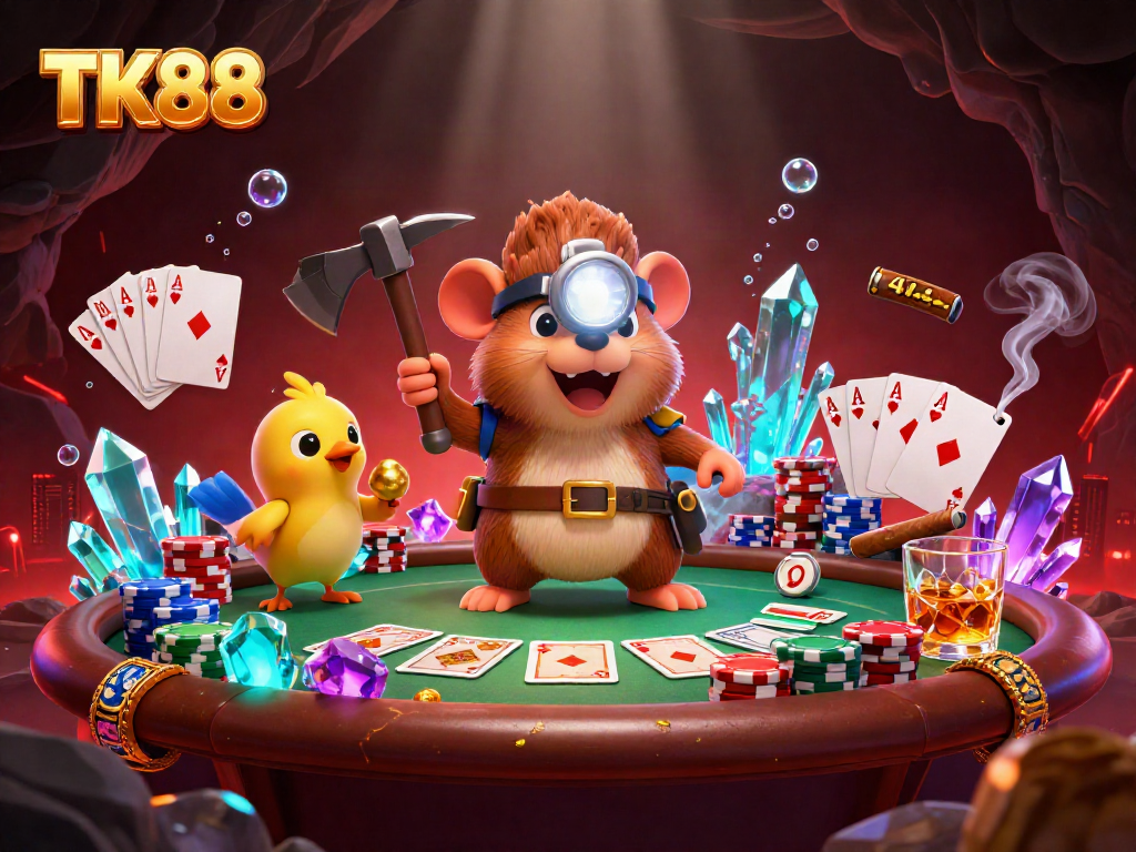 Engage with TK88's vibrant casino atmosphere featuring treasure hunter mole and poker action.