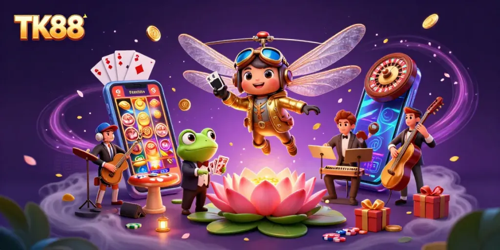 Engage with TK88's thrilling casino scene featuring a dragonfly pilot and a frog croupier.