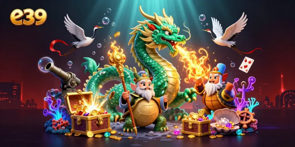 Experience the thrill of the e39 online casino with a dazzling 3D illustration featuring dragons, treasures, and vibrant gaming elements.
