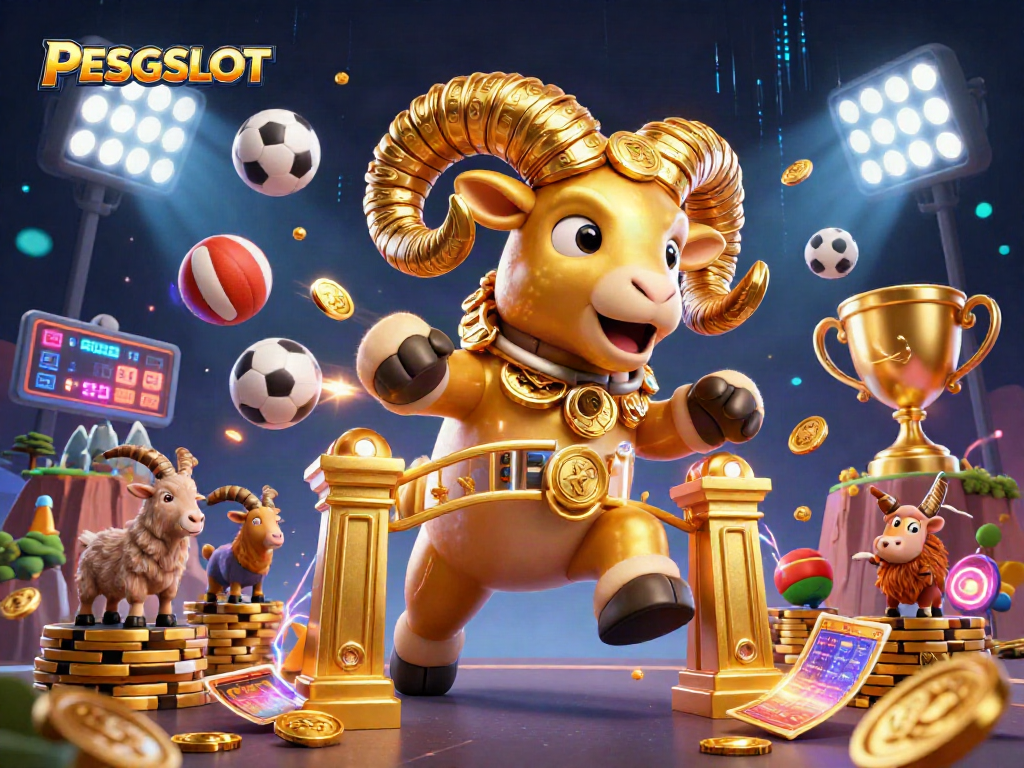 Experience PESGSLOT excitement with a golden ram charging through a vibrant casino scene.