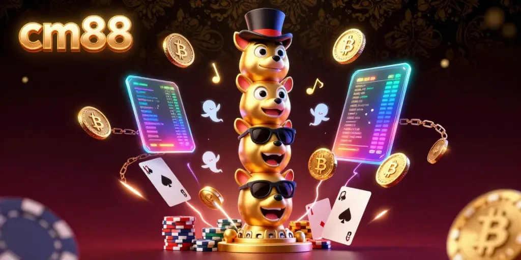 Experience cm88's vibrant casino atmosphere with a playful golden totem pole surrounded by lively poker elements.