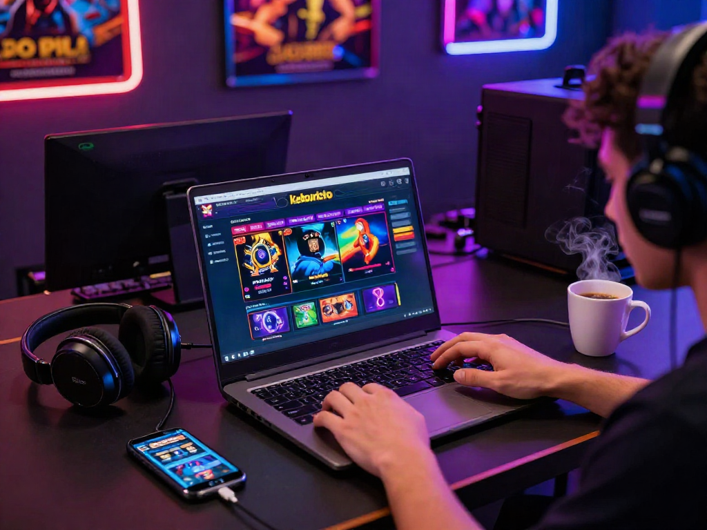 Engaging online gaming scene with kebuntoto platform highlighted on a laptop, vibrant atmosphere.