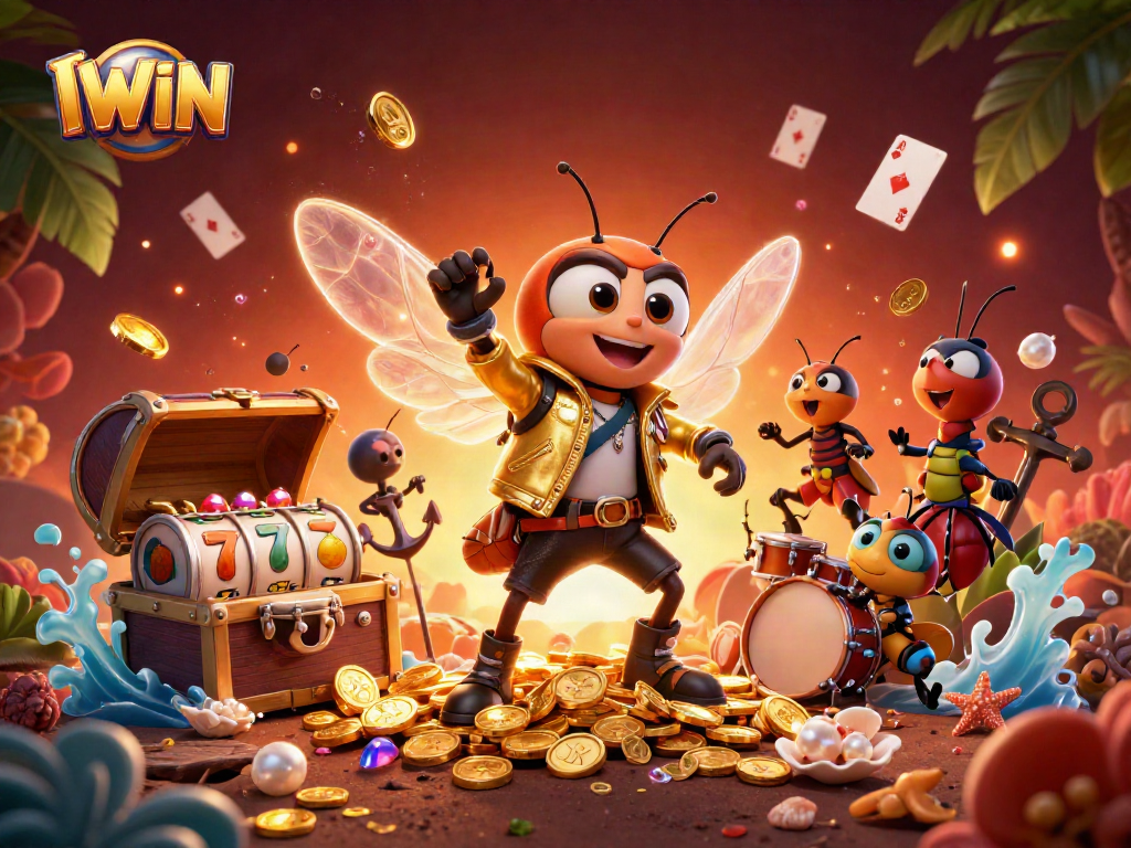 IWIN slot adventure with a cicada rock star, beetle drummer, and dynamic casino elements