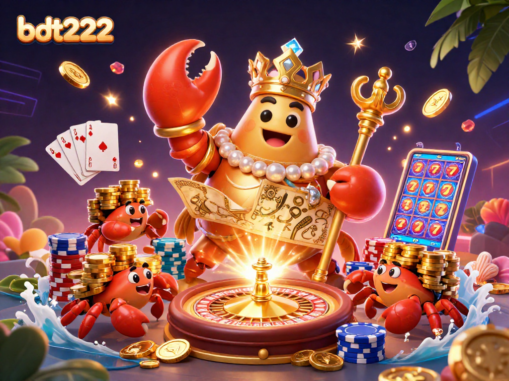 Experience the thrill of bdt222 with a vibrant 3D casino scene featuring a golden crab emperor and gaming elements.