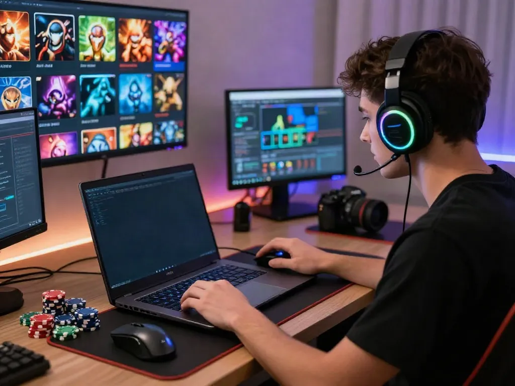 A young adult intensely gaming with akunjp on a laptop, surrounded by gaming gear and colorful chips in an energized home office.