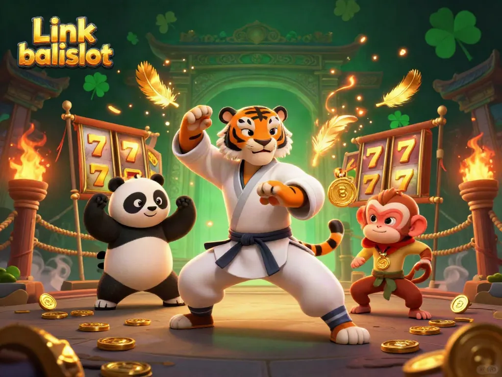 Experience the excitement of Link balislot with a kung fu tiger and friends in a vibrant casino scene.