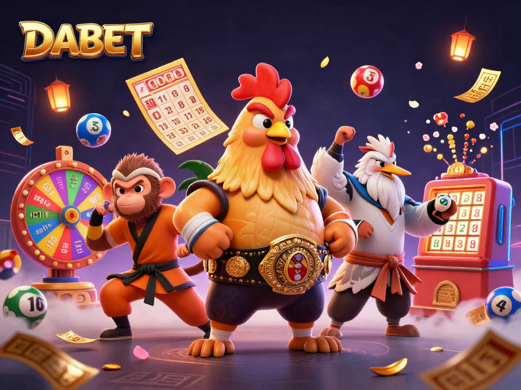 DABET showcases exciting gaming action with vibrant lottery elements and dynamic characters in a mesmerizing casino scene.