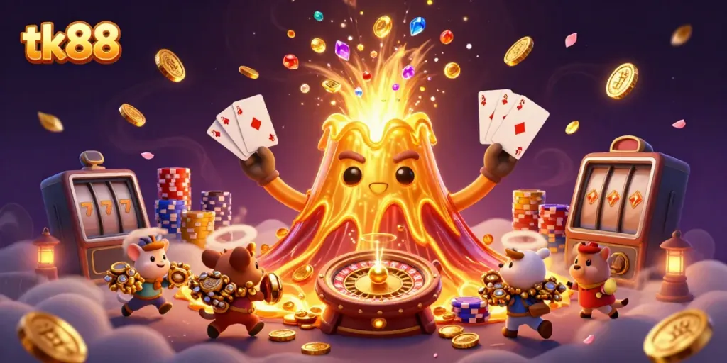 Experience thrilling gameplay at tk88 with a triumphant volcano of treasures and vibrant casino elements.