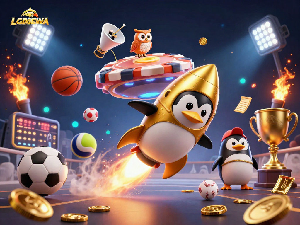 Engage with LGODEWA's vibrant sports betting world highlighted by a cartoon golden penguin in outer space.