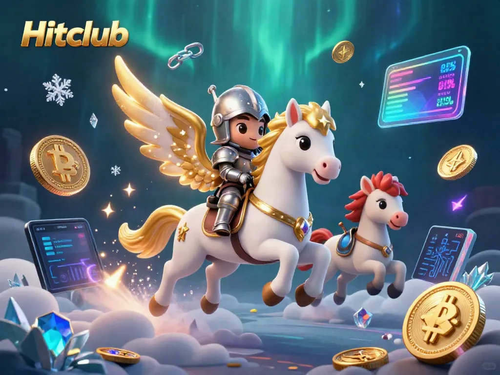 Experience thrilling gaming at Hitclub with a celestial horse and knight amidst crypto coins and vibrant graphics.