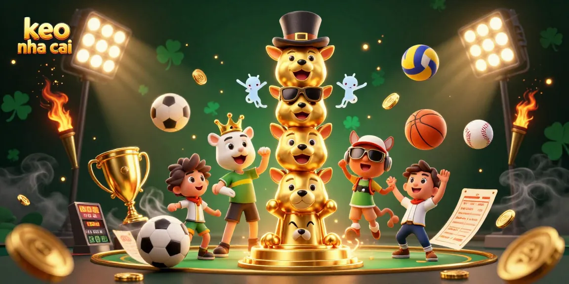 Experience thrilling keo nha cai sports betting with dynamic 3D cartoon characters and festive elements.