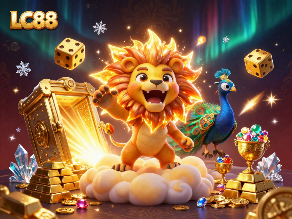 Experience the thrill of LC88 with this vibrant 3D casino illustration featuring golden treasures and dynamic game elements.