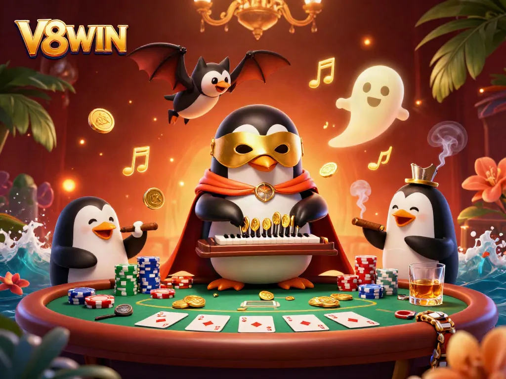 Experience wealth and excitement with V8WIN as a cartoon penguin plays the organ amidst golden coins and poker elements.