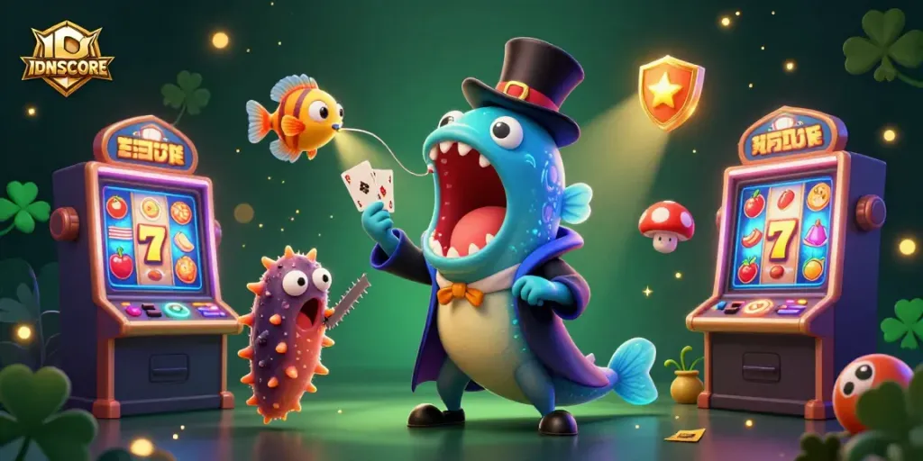 IDNSCORE showcases an enchanting scene with a magical eel and anglerfish in vibrant casino settings