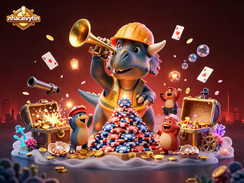 nhacaiuytin brings a cheerful casino atmosphere with a triceratops forming a poker chip pyramid.