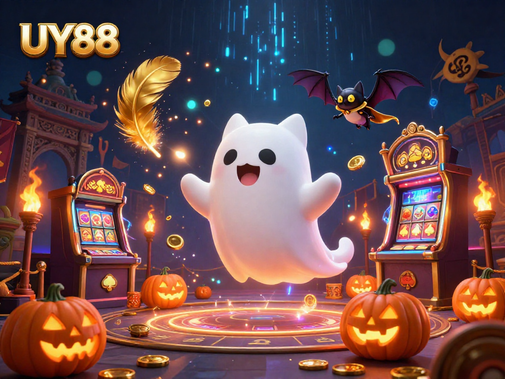Experience thrilling adventures at UY88 with a floating ghost cat amidst a haunted casino.