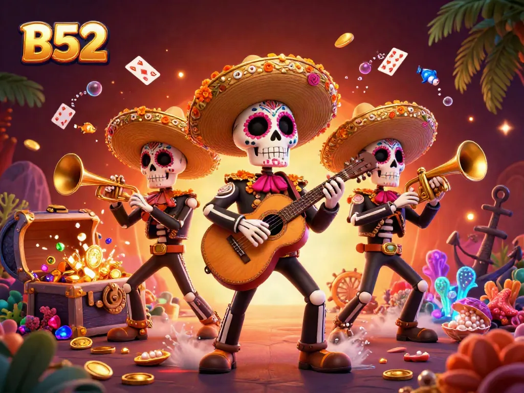B52 themed casino scene with mariachi skeletons amidst gold coins, cards, and gems.