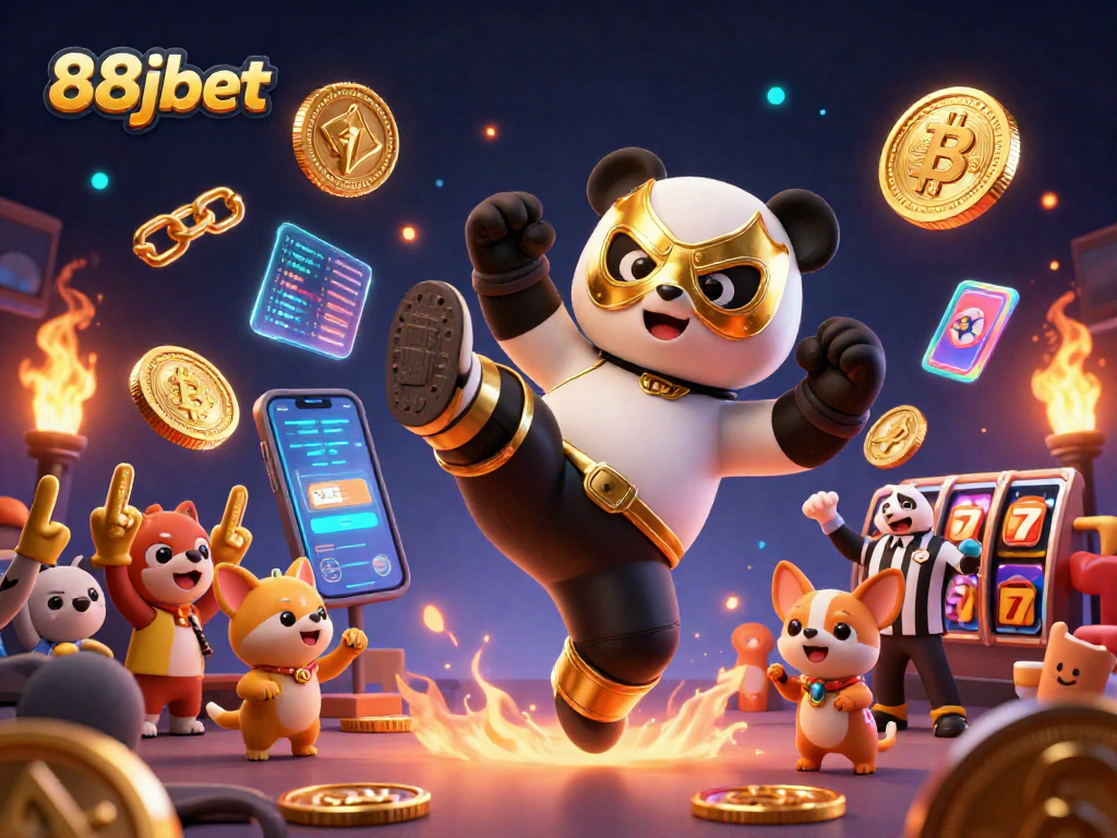 Engage with the thrilling action at 88jbet as a panda wrestler leaps, surrounded by crypto coins and casino icons.